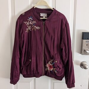 Embroidered Burgundy Bomber Jacket